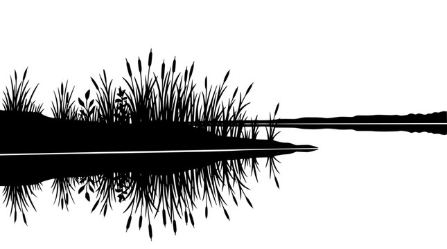 Black and White Silhouette of Reeds and Reflection on Lake