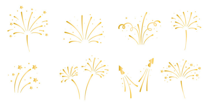 Fireworks, rays, flashes with stars, motion set. Golden dynamic design elements, explosion, flying sparks, rays of light. Sketchy style. Vector graphics
