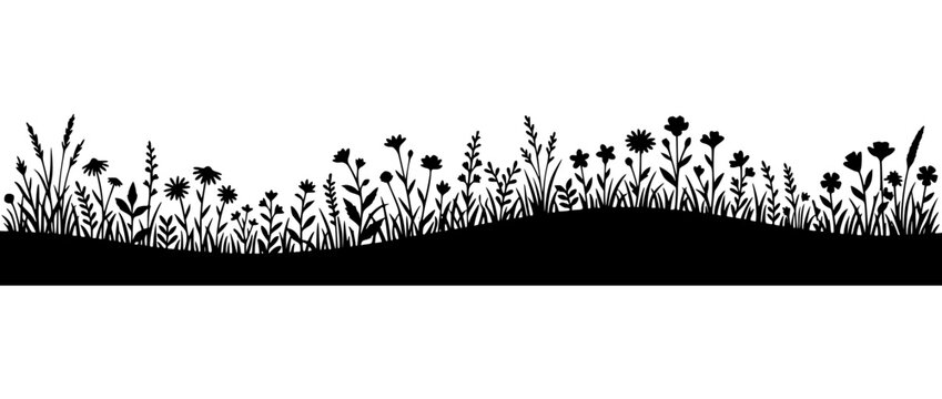 Wild Flower Meadow Silhouette Horizontal Grass Border Vector Illustration