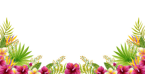 Tropical flowers and greenery frame. Hand drawn watercolor painting with Hibiscus flowers and palm leaves. © Marisha