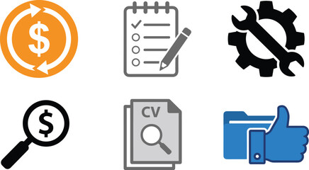 Fototapeta premium Business Management and Human Resources Icon Set with Cash Flow, Task Checklist, Gear Wrench, Financial Research, CV Resume, and Project Approval Symbols