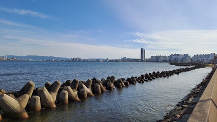 Obraz premium tetrapod breakwater and coastal city skyline under a clear blue sky