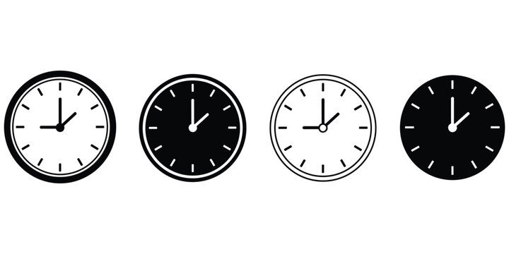 Set of four clock icons showing different times on transparent background vector graphics