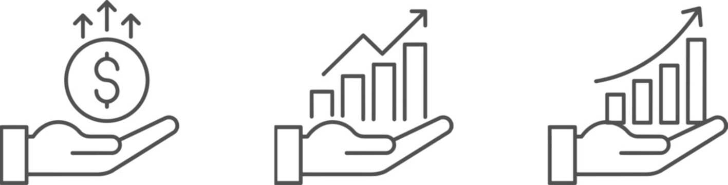 Business Revenue and Capital Investment Icon Set with Dollar Coin, Progress Chart, and Hand Line Art Symbols for Economic Websites and Apps