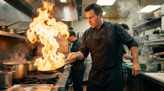 Dynamic action shot of a highly focused professional chef in a sleek black uniform flambeing delicious food amidst leaping orange flames.