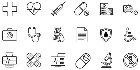 Fototapeta premium Outline medical icons, health symbols and science objects on transparent background