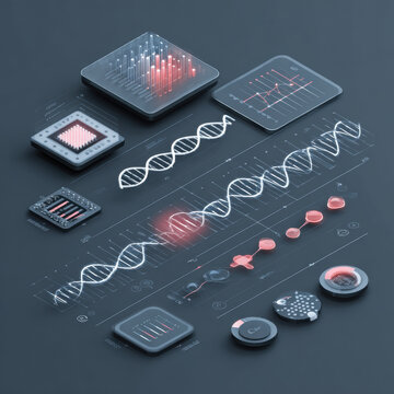 Genomic screening DNA biochip biotechnology genetic analysis medical research laboratory data visualization microchip genome sequencing, futuristic interface with glowing helix and analytic charts