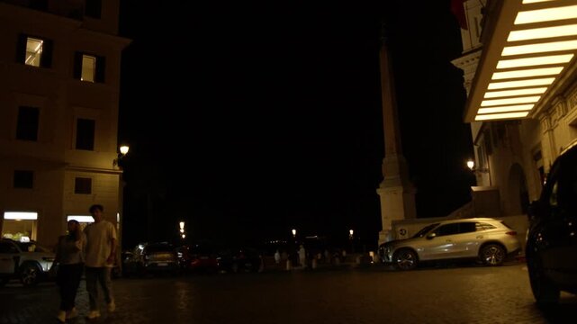 Night View of Piazza and Egyptian Obelisk in Rome Italy Historic Urban Landmark Shot with Cinema Camera