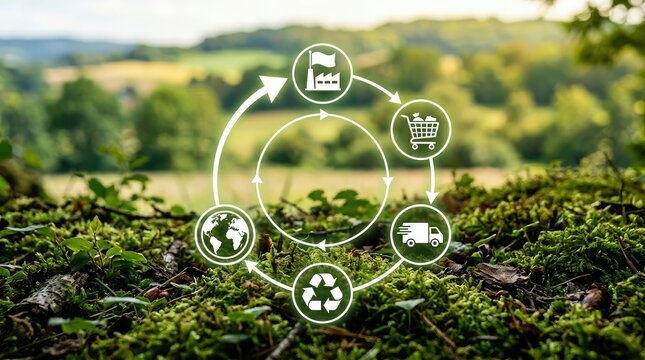 Sustainable business cycle with recycling symbols on natural green landscape