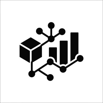 A black vector graphic illustration of a cube connected to graphs and charts via lines and nodes on a white background