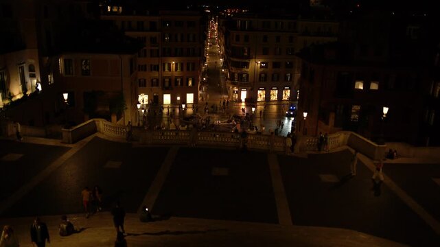 Wide Night View Over Spanish Steps and Piazza di Spagna in Rome Italy Shot with Cinema Camera