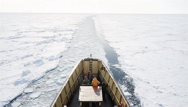 Aerial view of the coast guard ice breaker ship moves through sea ice in Canada.