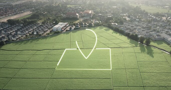 Aerial drone view highlights prime land plot, San Sai district, Chiang Mai, Thailand. Dynamic GPS location pin and digital boundary overlay signify development potential. Perfect for vacant land sales