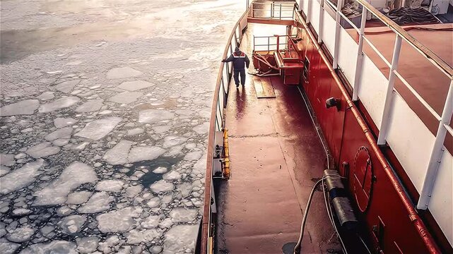 Aerial view of the coast guard ice breaker ship moves through sea ice in Canada.