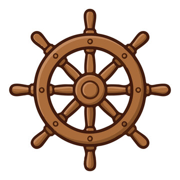 Wooden pirate ship wheel steering helm cartoon illustration, vintage maritime navigation equipment, nautical sailor direction symbol graphic isolated