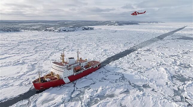 Aerial view of the coast guard ice breaker ship moves through sea ice in Canada.