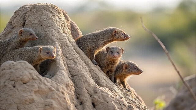 Close up of a pack of Common Dwarf Mongoose (Helogale parvula) living in termite mound, African savanna, South Africa.
