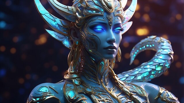 Fantasy Sci Fi Alien Queen Portrait with Glowing Neon Blue Eyes and Serpent Scale Body Intricate Golden Armor Futuristic Cybergoth Goddess Digital Art for Game Character and Poster Design