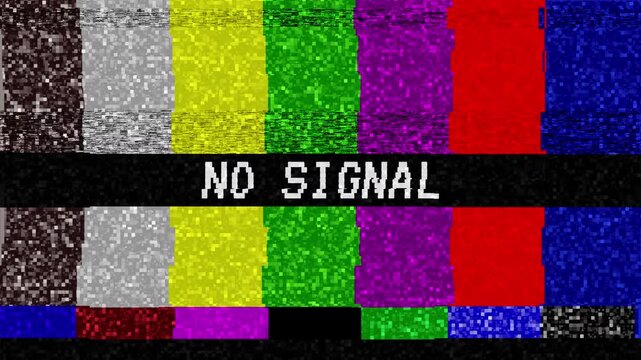 No Signal classic color bars. Retro television screen displaying static noise interference and a flickering No Signal text box, representing a technical malfunction or bad broadcast signal.