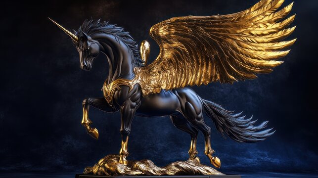 Mythical winged unicorn statue, dark background, fantasy art, 3D model