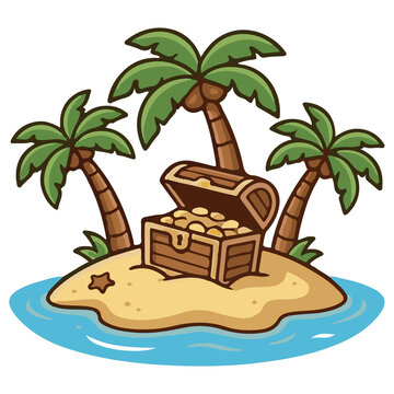 Tropical desert island with palm trees and open pirate treasure chest cartoon illustration, ocean beach landscape summer travel adventure concept