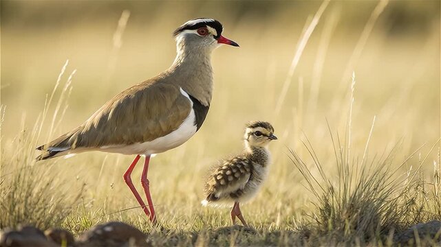 Crowned lapwing (Vanellus coronatus), or crowned plover with her chick on grassland, African savannah, South Africa.
