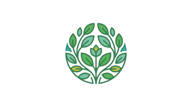 Green leaves in a circular emblem representing nature and growth.