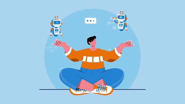 Video animation motion graphic of person multitasking with AI automation robots 2D flat cartoon stock footage 4K high quality