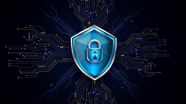 Cyber security shield with locked padlock on circuit board background