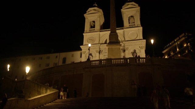 Trinita dei Monti Church and Spanish Steps Night Landmark View in Rome Italy Shot with Cinema Camera