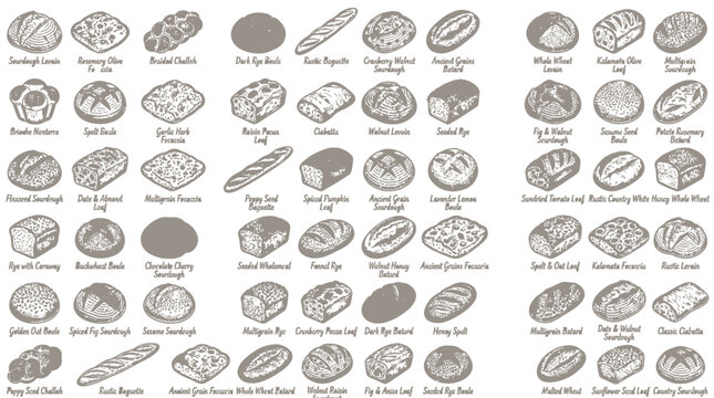 Collection of various types of bread and baked goods, illustrated in a vintage sketch style.