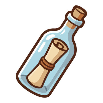 Cute cartoon message in a bottle illustration, vintage rolled paper scroll in glass jar, ocean survival sos letter, pirate secret map concept