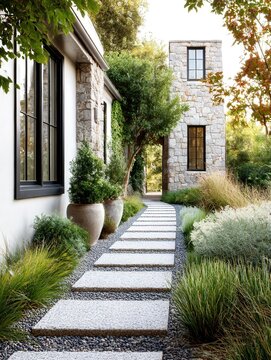 Stone path winds through garden's greenery