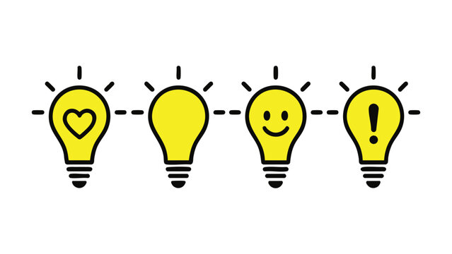 Set of four yellow light bulb icons with different symbols Vector
