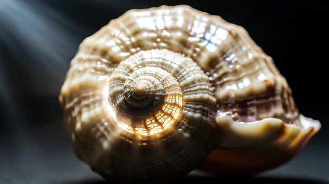 A detailed close-up of a spiral seashell with dramatic lighting.