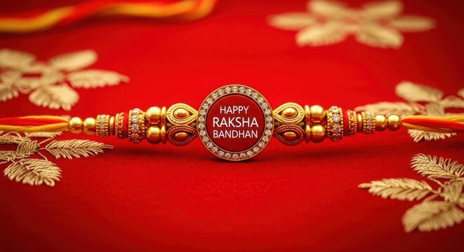 Happy raksha bandhan golden bracelet with red background
