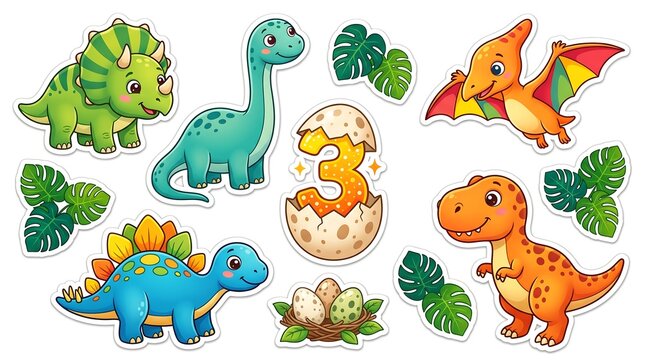 Cute colorful dinosaur characters and a cracked birthday egg number three sticker collection for kids