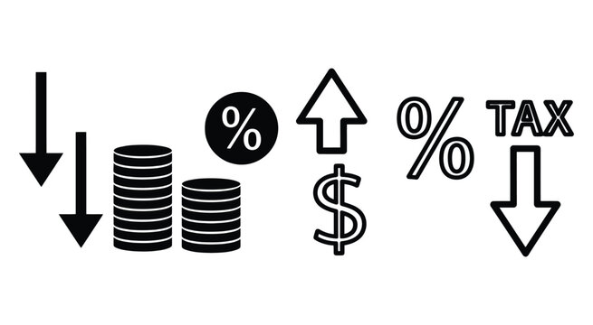 Tax Reduction Icon Set Black Silhouette On White Background accountancy