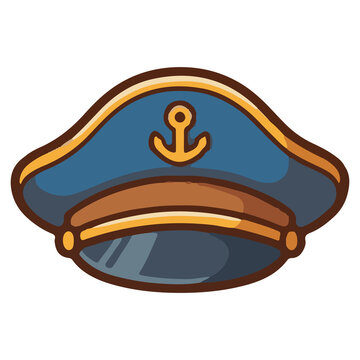 Cute cartoon navy captain hat with gold anchor symbol, maritime uniform cap illustration, nautical marine sailor accessory isolated on white background