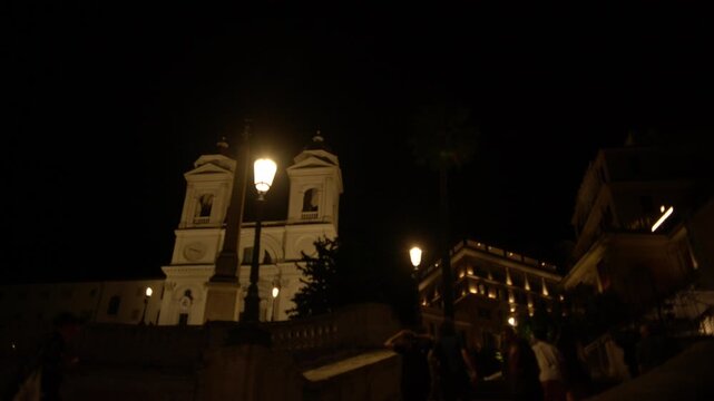 Spanish Steps and Trinita dei Monti Church Night Landmark View in Rome Italy Shot with Cinema Camera