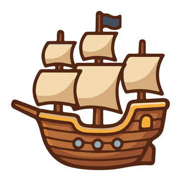 Cute wooden sailing ship cartoon illustration, vintage galleon boat with white sails, pirate ship or maritime voyage vessel isolated graphic element