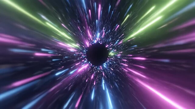 A vibrant vortex of light streaks through the darkness, resembling a hyperdrive jump.