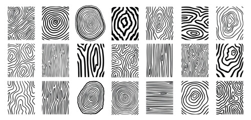 Wood lines texture material doodle hand drawn line set. Rings and circles tree trunk geometric curve, wave contour.  © Yanka