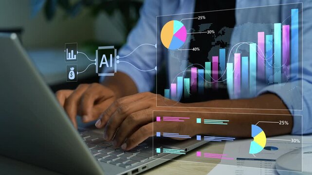 Businessman working on laptop computer with holographic graph chart on the virtual screen, Professional businessman analyzing financial data and market trends using futuristic holographic interface