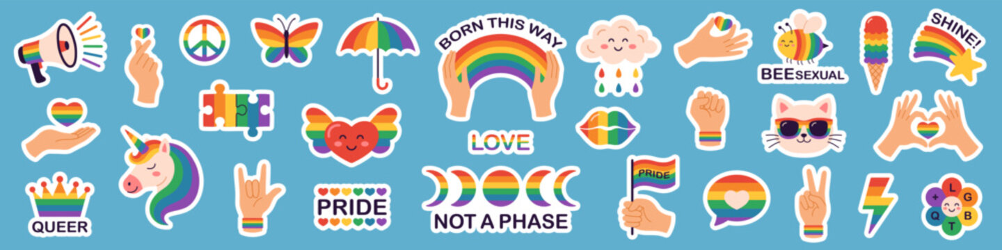 Cute LGBTQ pride sticker pack vector set: rainbow symbols, hand gestures, hearts, characters, typography, supportive messages promoting equality, diversity, inclusion, and self expression. Isolated.