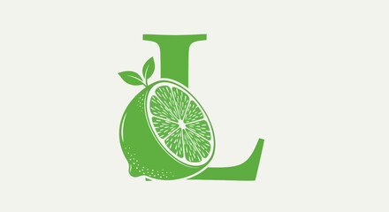 Obraz premium Green Letter L with Lime Slice and Leaves, Fresh Citrus Fruit Logo Concept