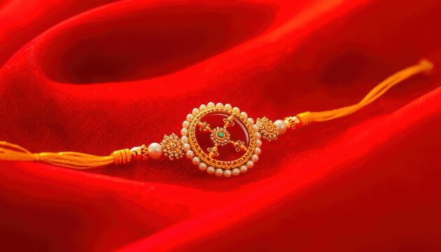 Traditional gold rakhi with pearls and gemstone on red fabric