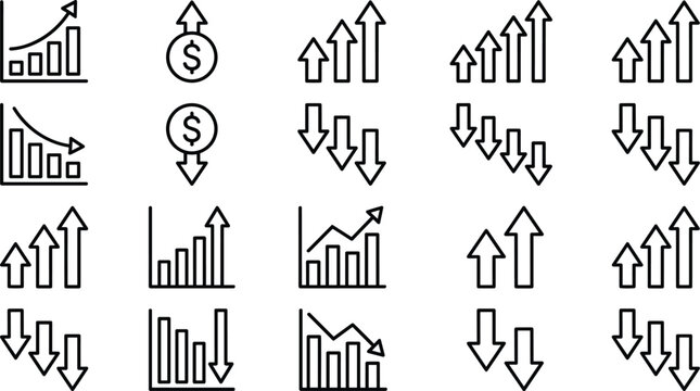 Financial Growth and Loss Arrow Graph Icon Set with Rising and Falling Business Charts Investment Revenue Progress Line Symbols