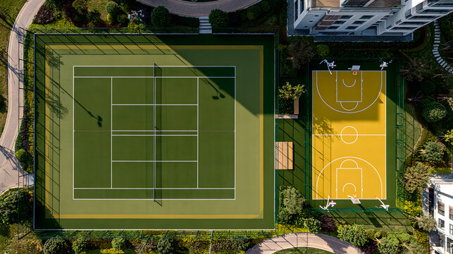 Aerial View of Recreational Court: An aerial perspective showcases a well-maintained tennis court and a vibrant basketball court, offering a glimpse into a modern recreational facility.