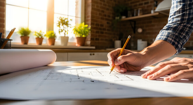 Architect drafting house plans with pencil and natural light